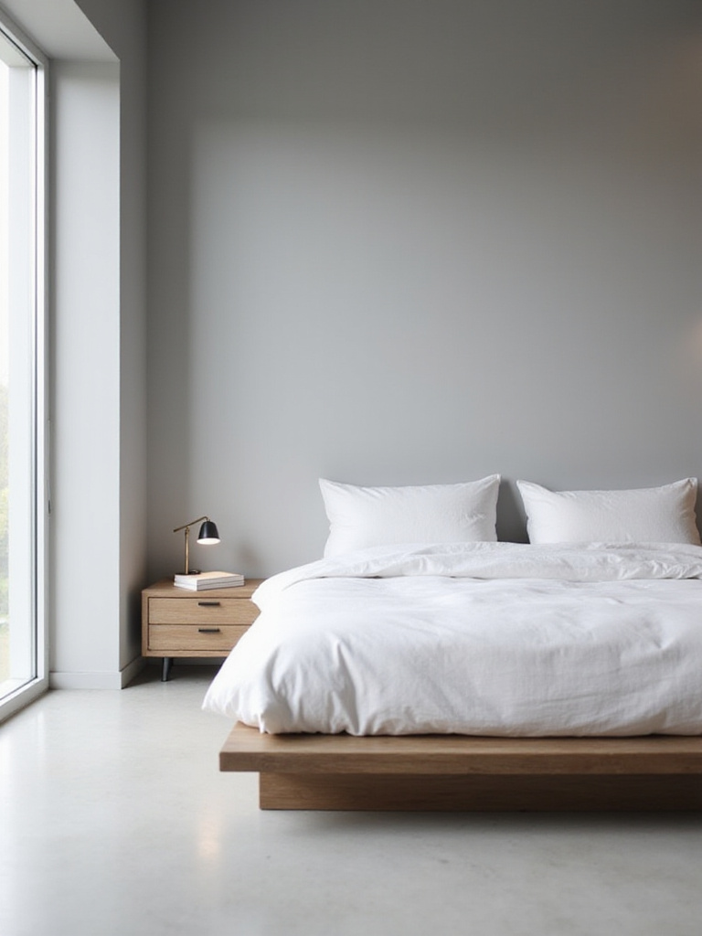 Minimalist bedroom with a clear nightstand and platform bed