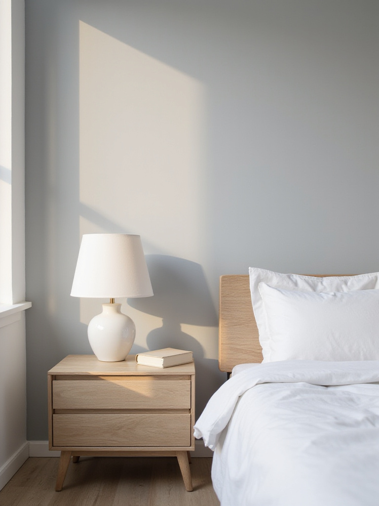 Minimalist bedroom with clean wooden bedside table and simple white lamp