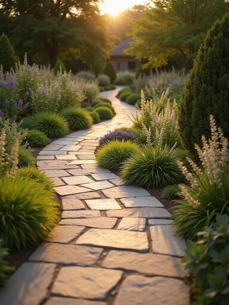 Flagstone garden path winding through lush greenery.
