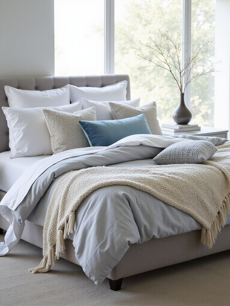 A luxurious king-sized bed with multiple layers of textured bedding in soft grey, blue, and cream tones, showcasing layered sheets, duvet, throws, and pillows for ultimate comfort and style in a modern bedroom.