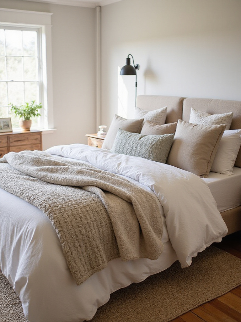 A cozy farmhouse bedroom featuring a bed heavily layered with comfortable textiles like a quilt, knit throws, and various decorative pillows over neutral bedding, creating a warm and inviting look.