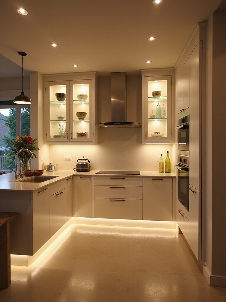 Small kitchen interior illuminated by layered lighting, featuring recessed ceiling lights, bright under-cabinet lighting, and accent lighting inside cabinets, creating depth and enhancing functionality.