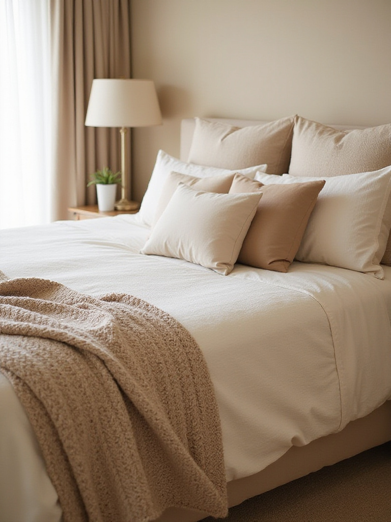 Luxurious beige bed with layered bedding for ultimate comfort