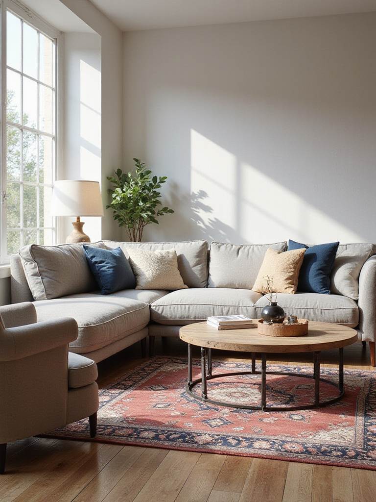 Stylish living room mixing modern sofa, vintage armchair, industrial coffee table, and Oriental rug.