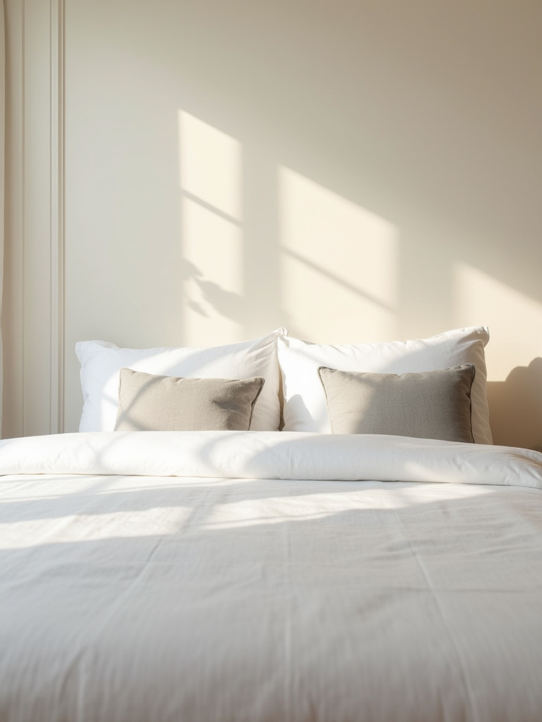 Minimalist bedroom with white linen bedding and two grey linen throw pillows.