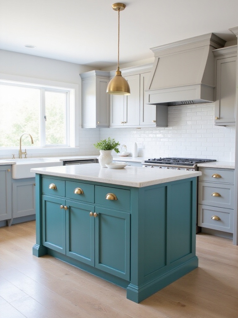 Teal kitchen island with white countertop and gold hardware in a modern kitchen.