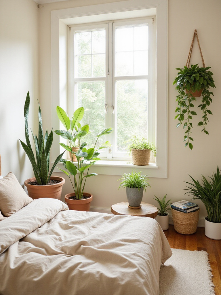 Beige bedroom with various green plants for a calming and natural atmosphere.