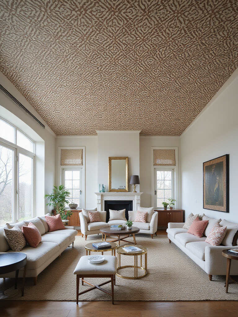 Stylish living room with a bold geometric pattern wallpaper covering the entire ceiling, creating a striking focal point above sofas and a coffee table.