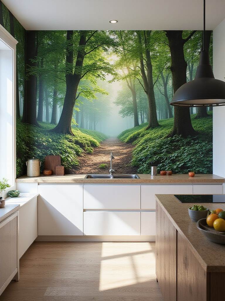 Kitchen mural of a serene forest landscape transforming the kitchen space