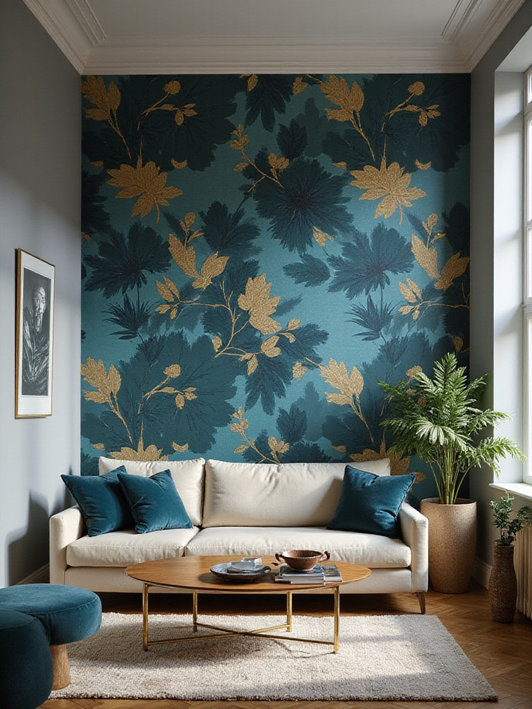 Living room with a single accent wall featuring bold floral wallpaper, creating a striking focal point behind a modern sofa.