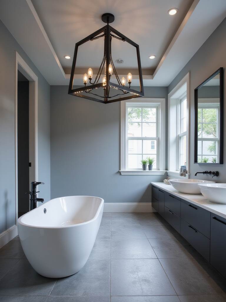 A modern bathroom featuring a striking geometric pendant light fixture hanging above a freestanding soaking tub, serving as a unique statement piece and focal point.