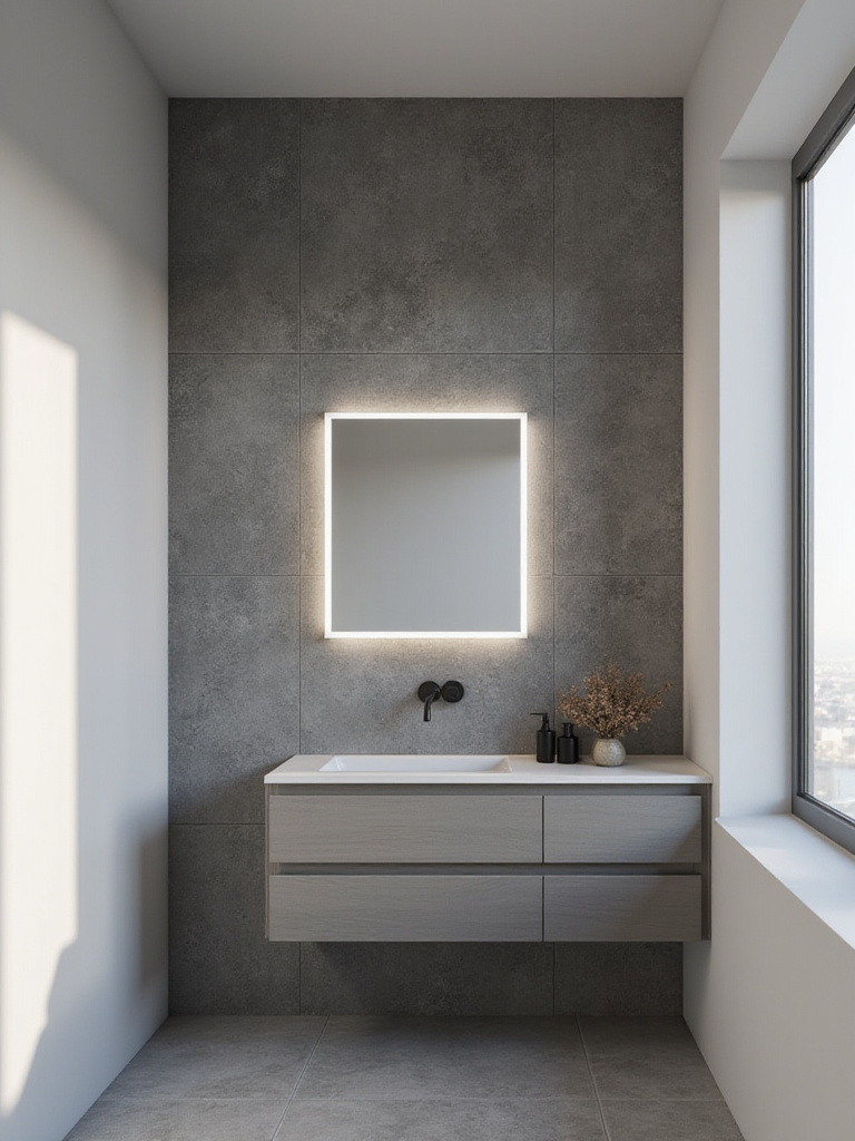 Modern bathroom featuring a dark charcoal concrete-look tile accent wall behind a wall-mounted vanity with a rectangular mirror.