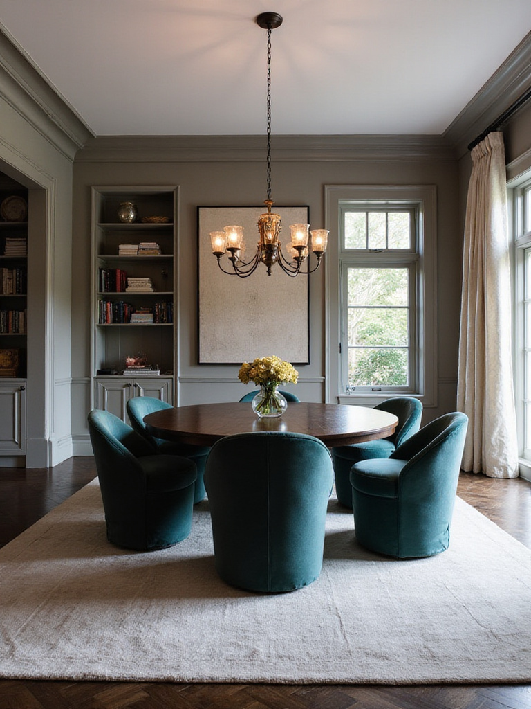 Large dining room with dark wood table, teal velvet chairs, statement chandelier, and warm gray walls creating an intimate atmosphere.