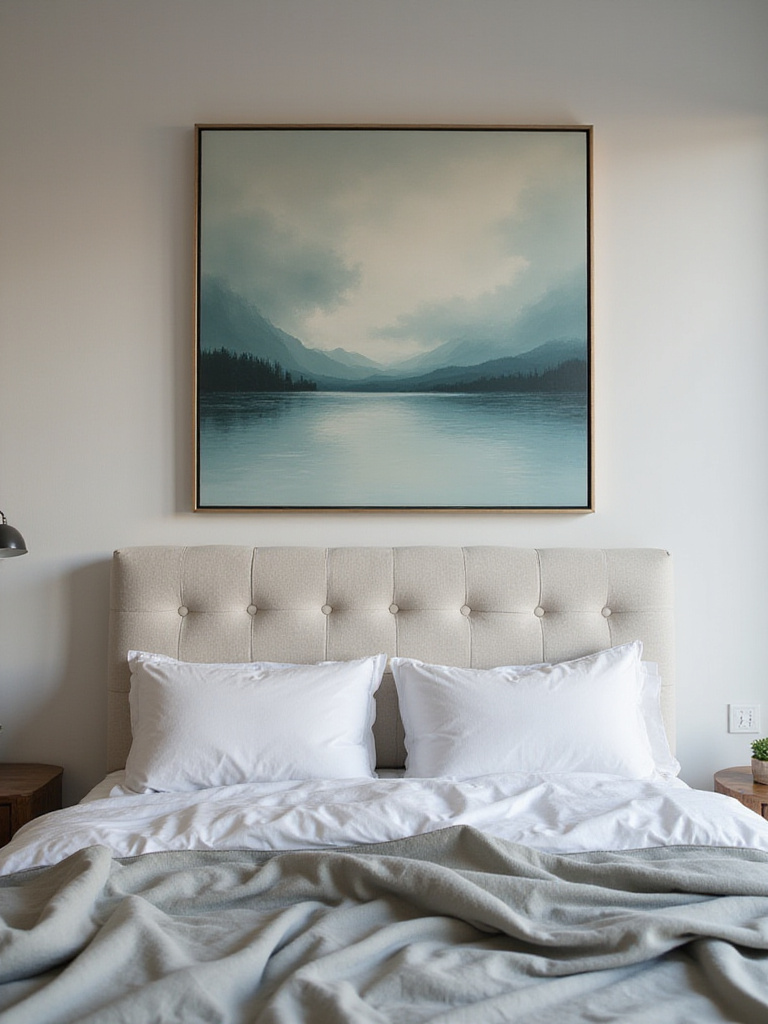 Large abstract landscape painting hanging above a bed with an upholstered headboard in a serene bedroom.