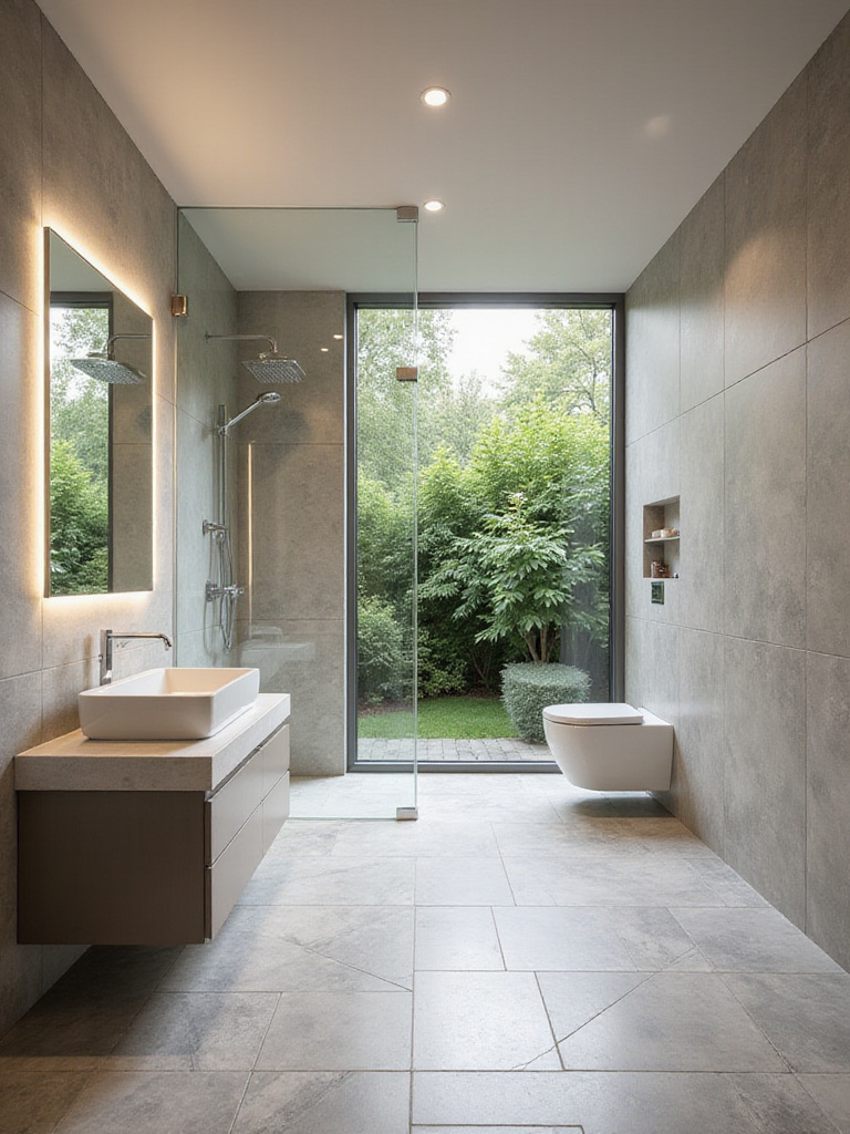 Modern bathroom interior featuring geometric floor tiles and large-format wall tiles.