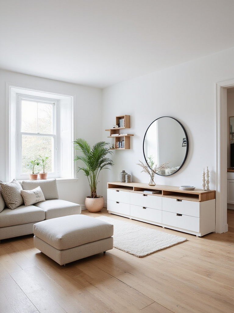 A bright, small apartment living room showcasing a clever layout with space-saving furniture, floating shelves, a storage ottoman, and a large mirror to maximize the feel of the space.