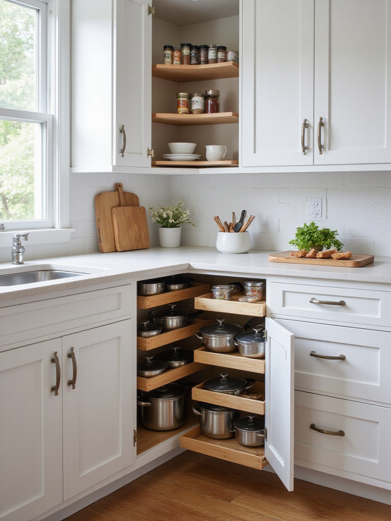 Smart kitchen corner storage solutions in a small kitchen, showing a pull-out 'magic corner' base cabinet organizer and tiered spice shelves in an upper corner cabinet.
