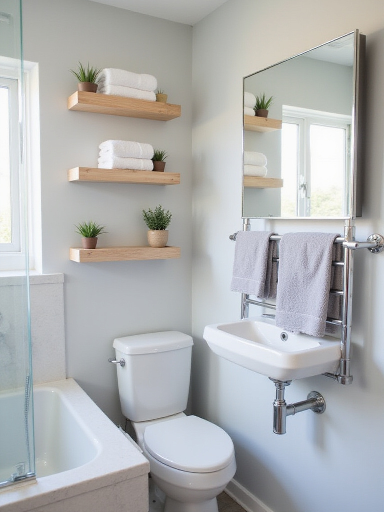 Small bathroom interior showcasing maximized wall space with floating shelves, vertical towel rack, and mirrored cabinet.