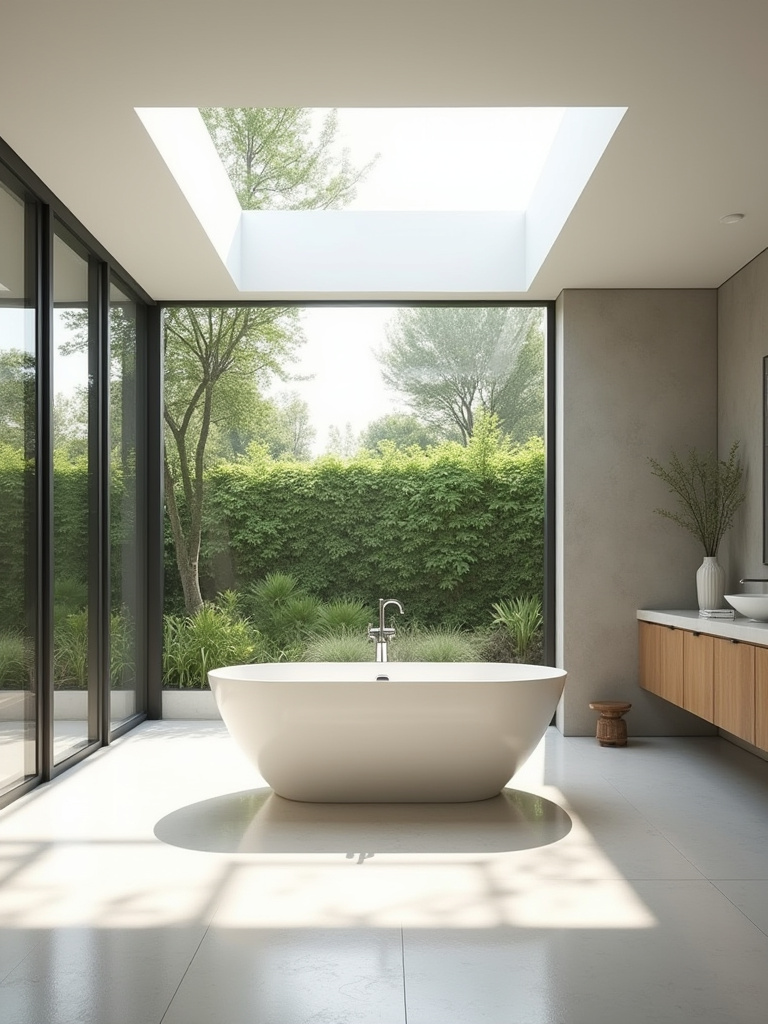Modern bathroom featuring a large window or skylight maximizing natural light, with a minimalist design, clean lines, and neutral colors.