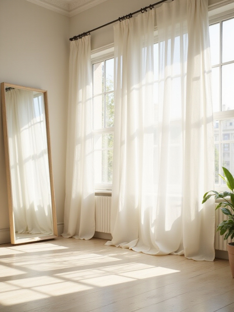 Bright and airy bedroom featuring large windows with sheer curtains, allowing abundant natural light to fill the space. A mirror reflects the sunlight, maximizing brightness. Light-colored walls and minimal furniture enhance the feeling of openness and light.