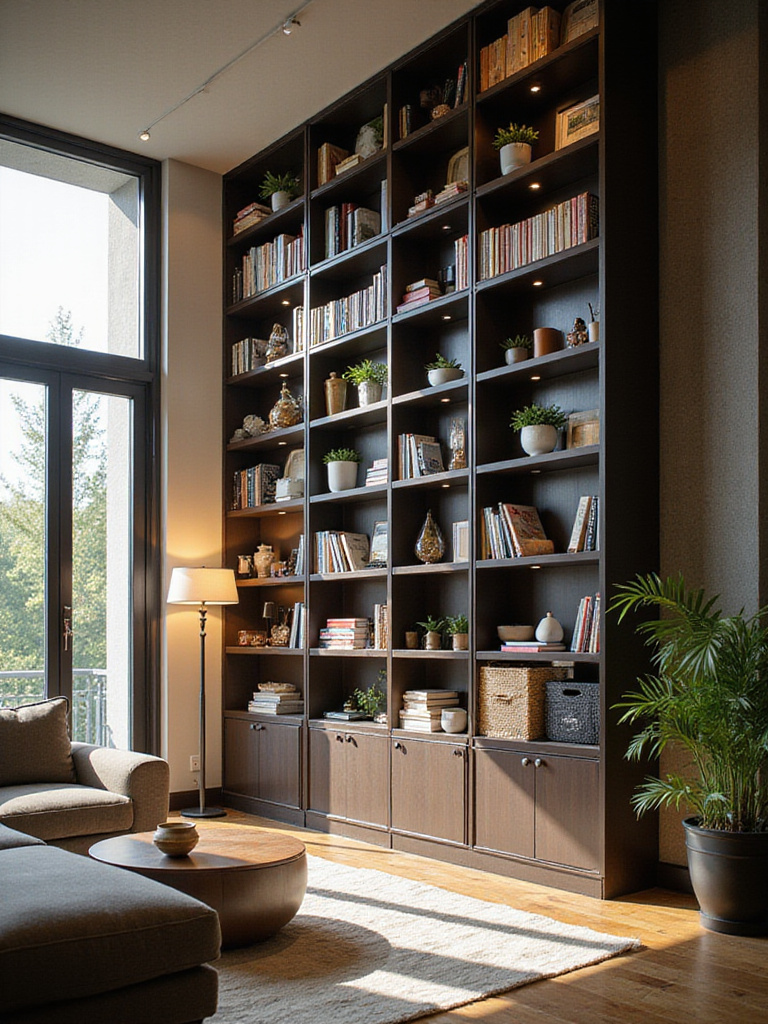 Modern apartment living room featuring floor-to-ceiling vertical shelving maximizing space with organized books, plants, and decor.