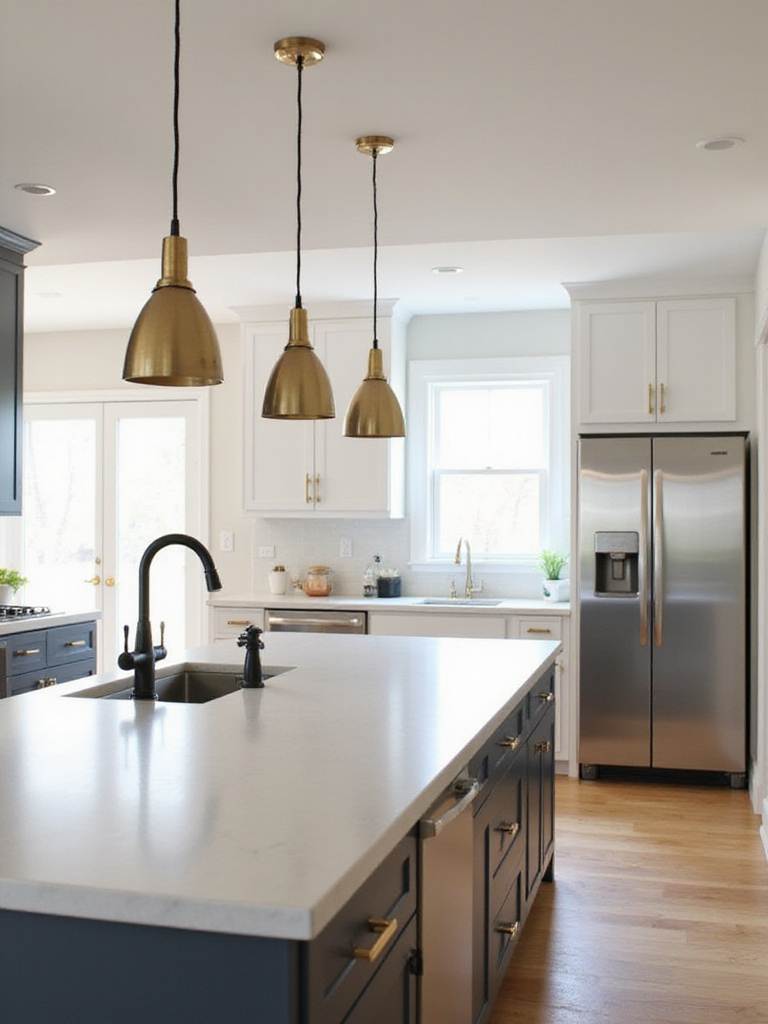 Stylish modern kitchen showcasing mixed metal finishes, including brushed brass cabinet hardware, a matte black faucet, and brushed nickel pendant lights.