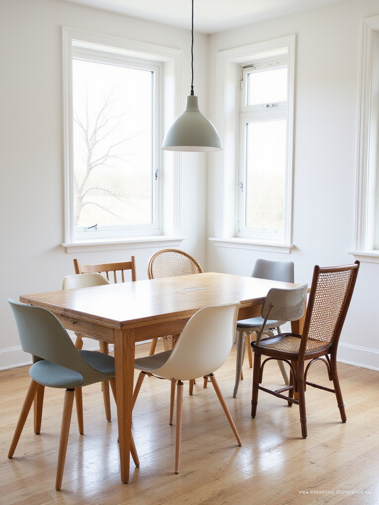 Eclectic dining room with mismatched chairs in a cohesive color palette.