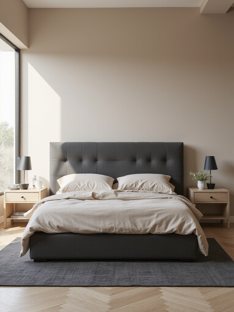 Modern beige bedroom with charcoal gray headboard, bedding, and rug.