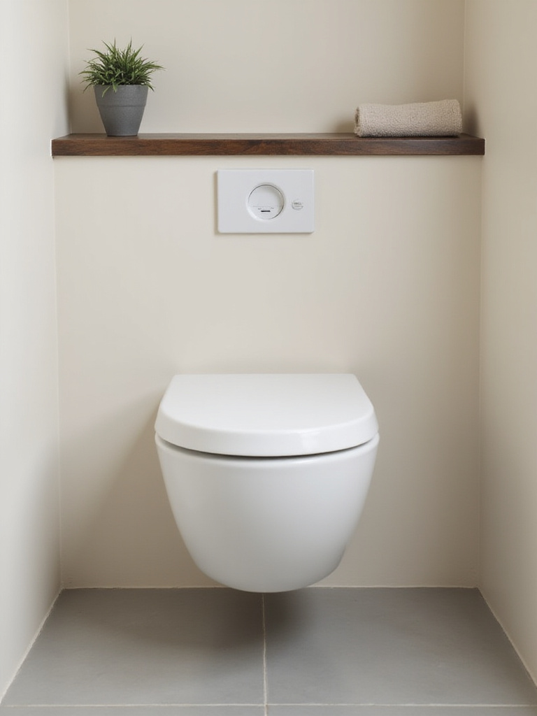 Modern small bathroom with wall-mounted toilet and floating shelf
