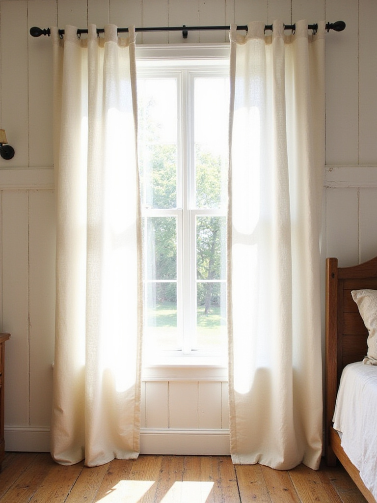 Cozy farmhouse bedroom window dressed with simple, natural off-white linen curtains, allowing soft natural light to fill the space.