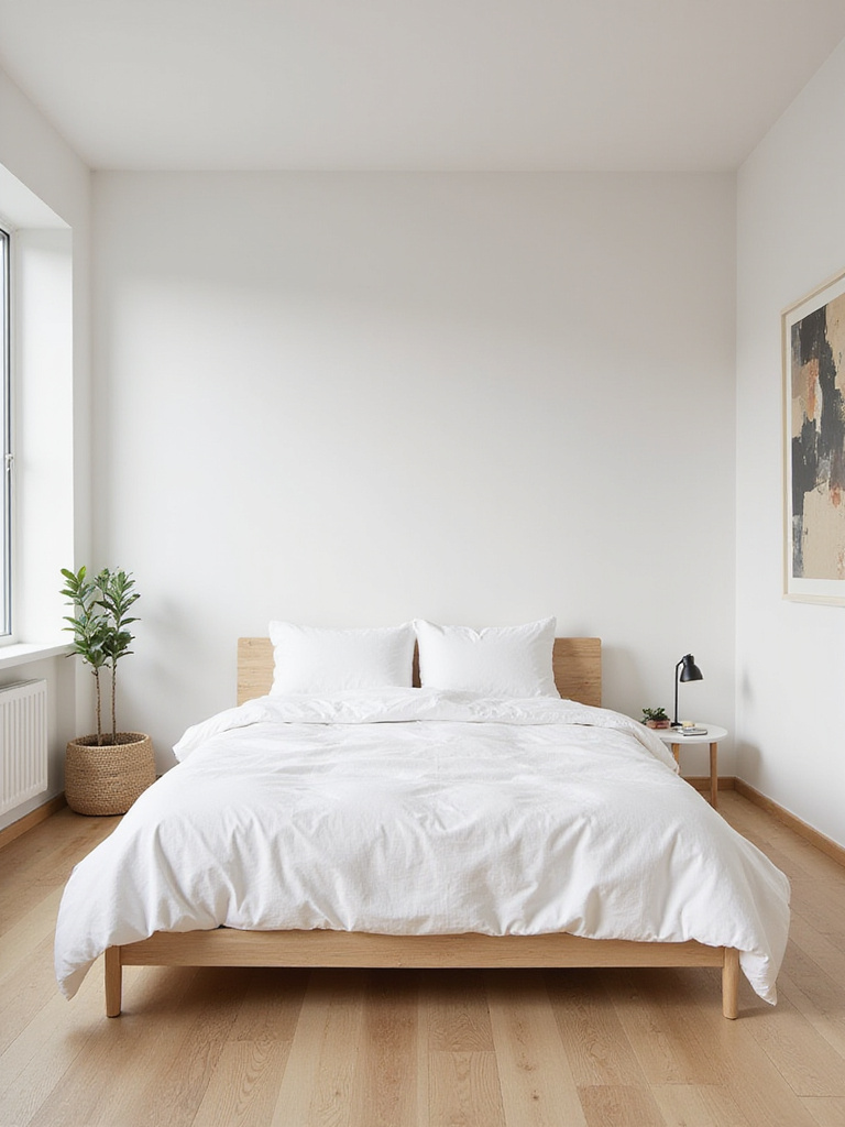 Minimalist bedroom with low-profile platform bed frame and white linen bedding.