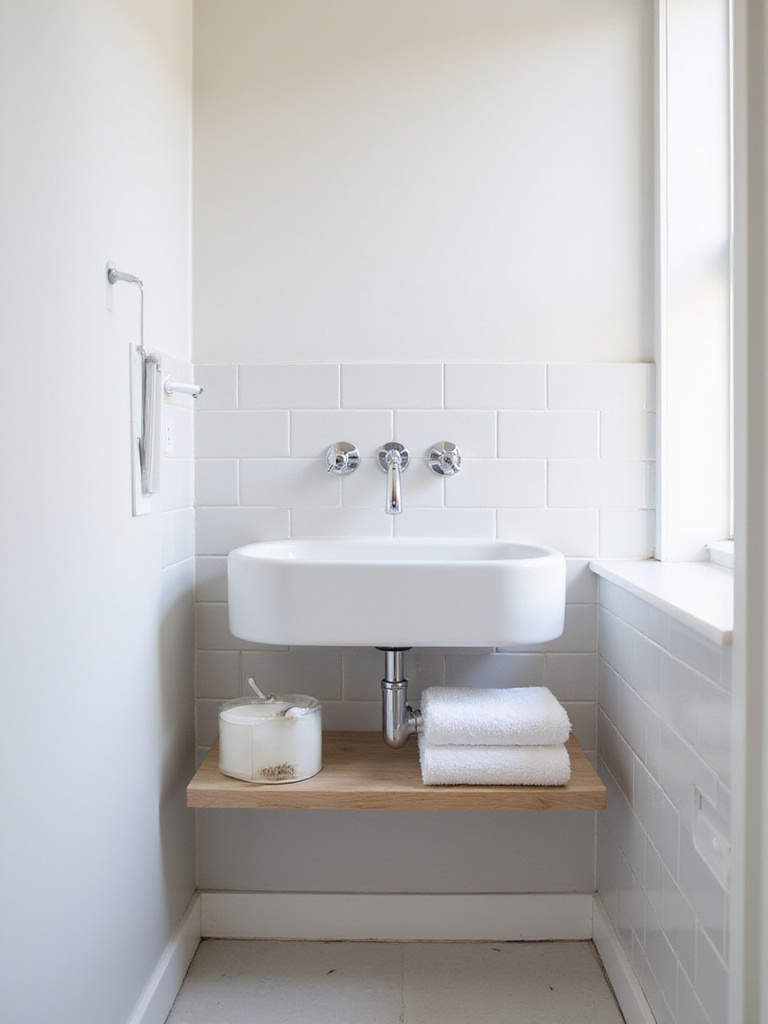 Small bathroom interior with white wall-hung sink and wooden shelf