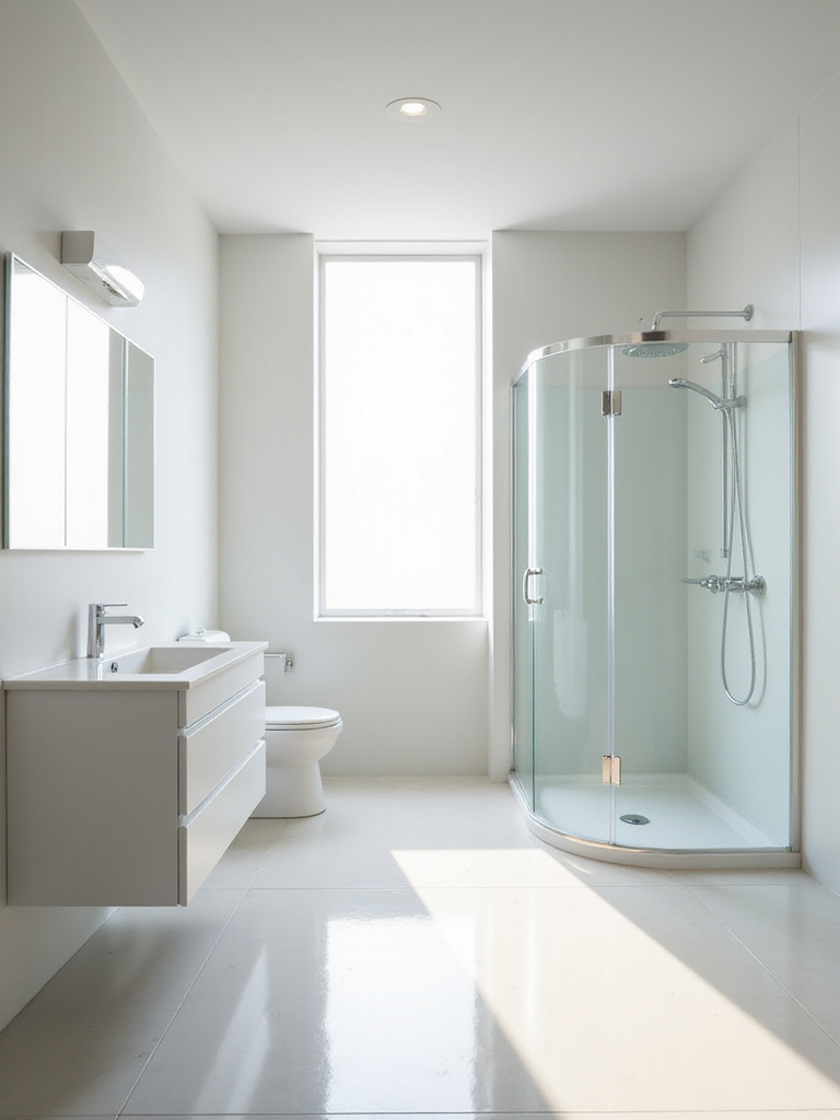 Bright and spacious bathroom with wall-mounted vanity and toilet, glass walk-in shower, and light-colored tiles.