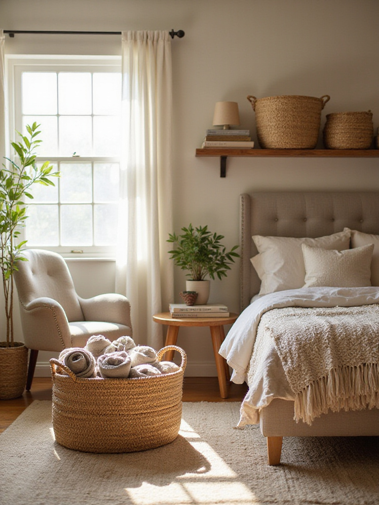 Various woven baskets used for organization and decor in a cozy farmhouse bedroom, showcasing their natural textures and practical storage solutions.