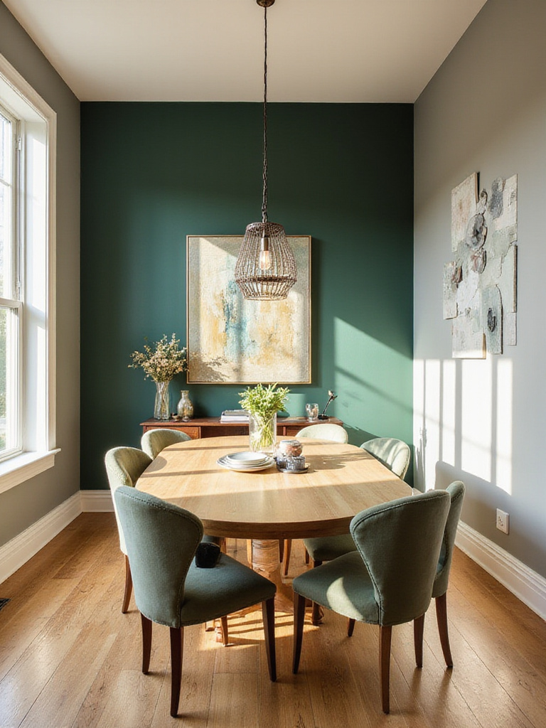 Dining room with emerald green accent wall and modern chandelier