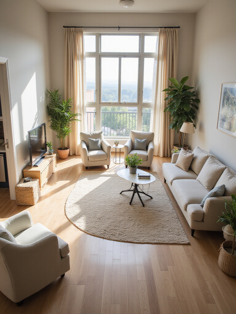 Living room with a furniture layout designed for easy flow and comfortable conversation, featuring a sofa and armchairs arranged around a coffee table near a window, with clear pathways.