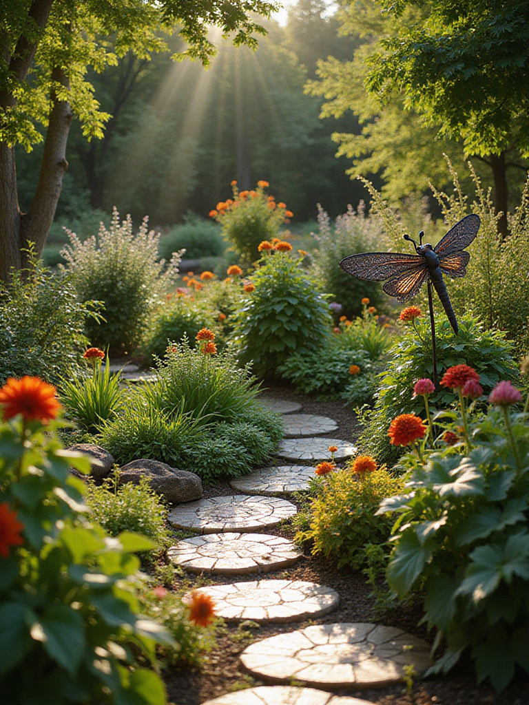 Garden with metal dragonfly sculpture and mosaic stepping stones