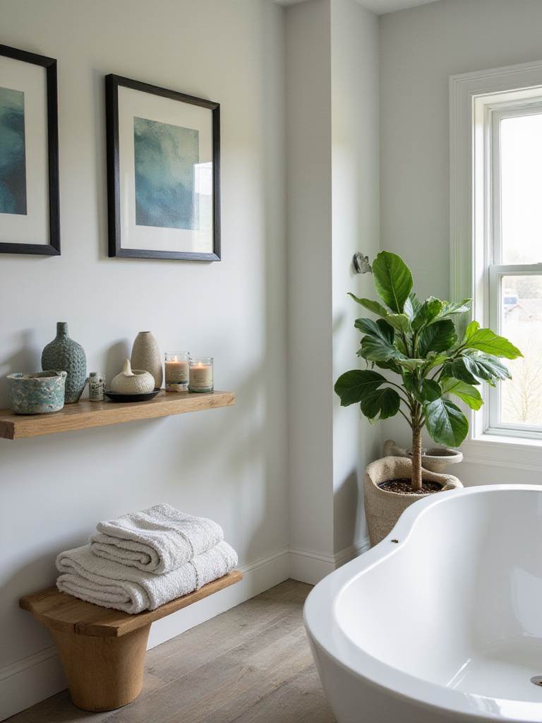 Luxurious bathroom interior featuring framed abstract artwork, a large potted plant, and decorative accessories on a shelf, creating a personalized and serene oasis.