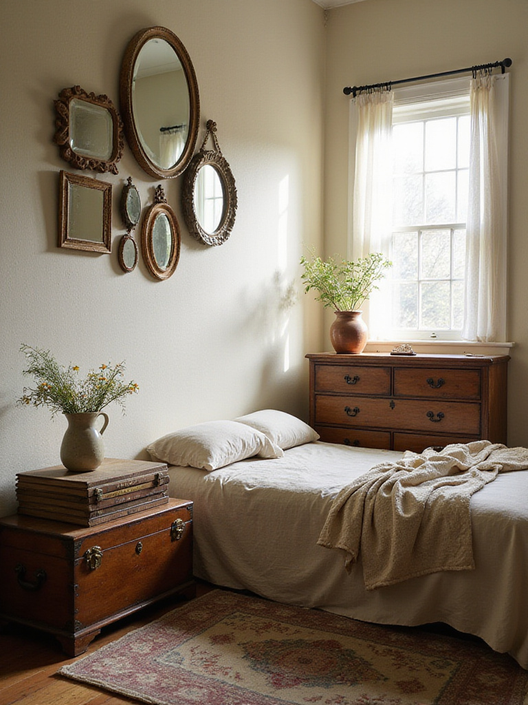 Cozy farmhouse bedroom featuring a mix of new and vintage decor, including an antique trunk nightstand, vintage mirrors, and a vintage quilt, bathed in soft morning light.