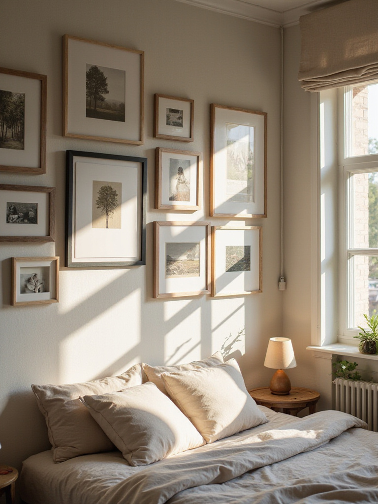 A bedroom wall featuring a gallery display of framed art and personal photographs above a bed with soft bedding, illustrating personalized decor.