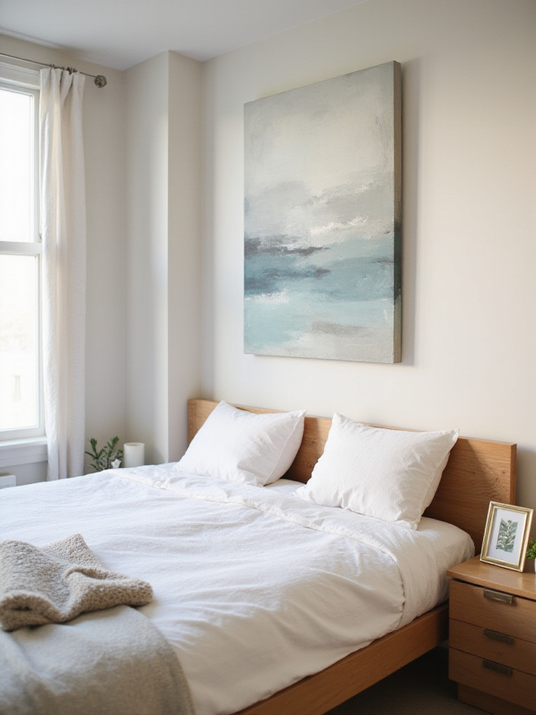 Bedroom wall featuring a large, abstract DIY painted canvas in soft blues and greens above a bed, alongside a small framed pressed flower artwork.