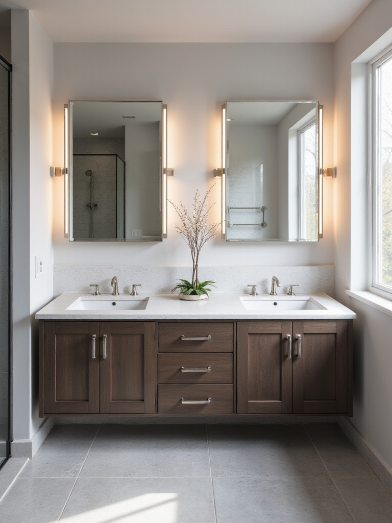 Modern bathroom interior with frameless mirror above double vanity.