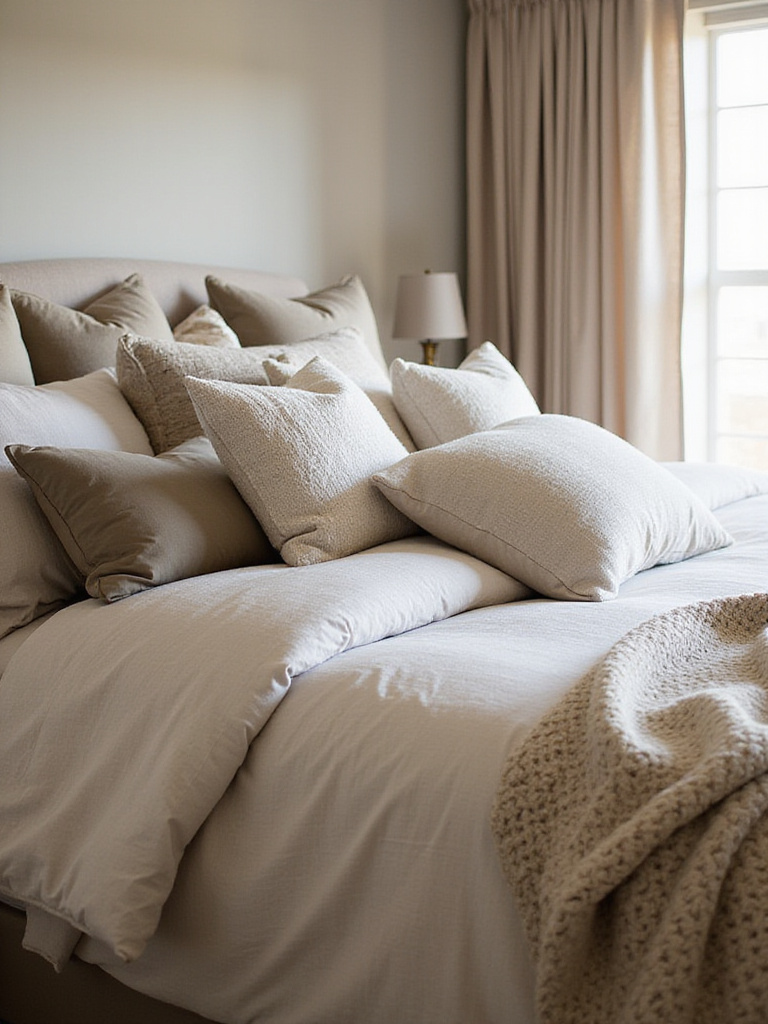 A King-sized bed styled with many layered decorative pillows in various sizes, textures, and patterns, creating a luxurious and inviting bedroom look.