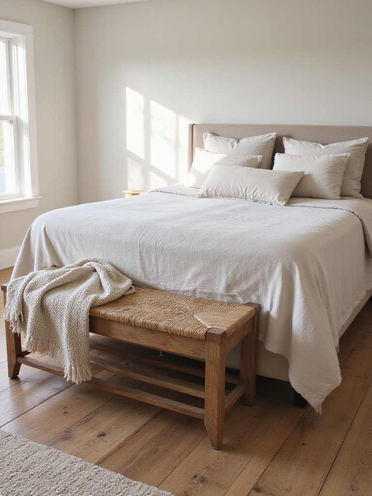 Rustic wooden bench with a woven seat placed at the foot of a bed in a cozy farmhouse bedroom.