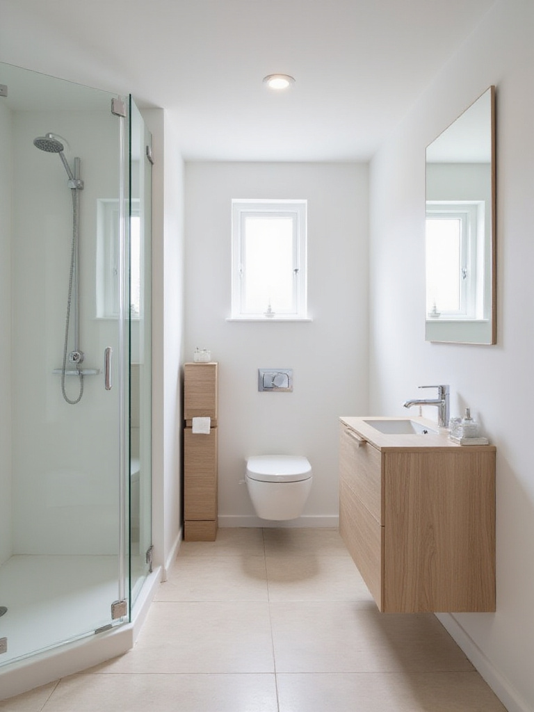 Small bathroom interior with a strategically planned layout, featuring a corner shower, wall-mounted toilet, and floating vanity.