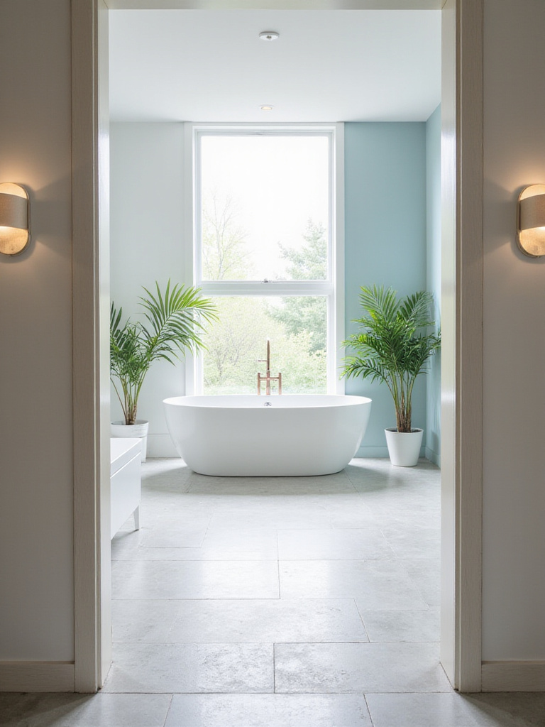 Modern bathroom interior with light blue accent wall and white bathtub.