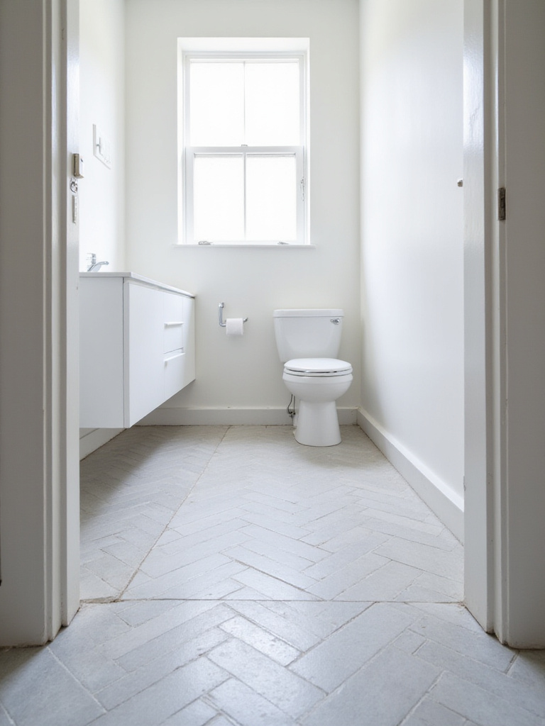 Small bathroom with light grey herringbone tile floor.