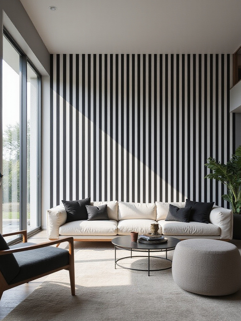 Modern living room with bold vertical black and white striped wallpaper making the ceiling appear higher.