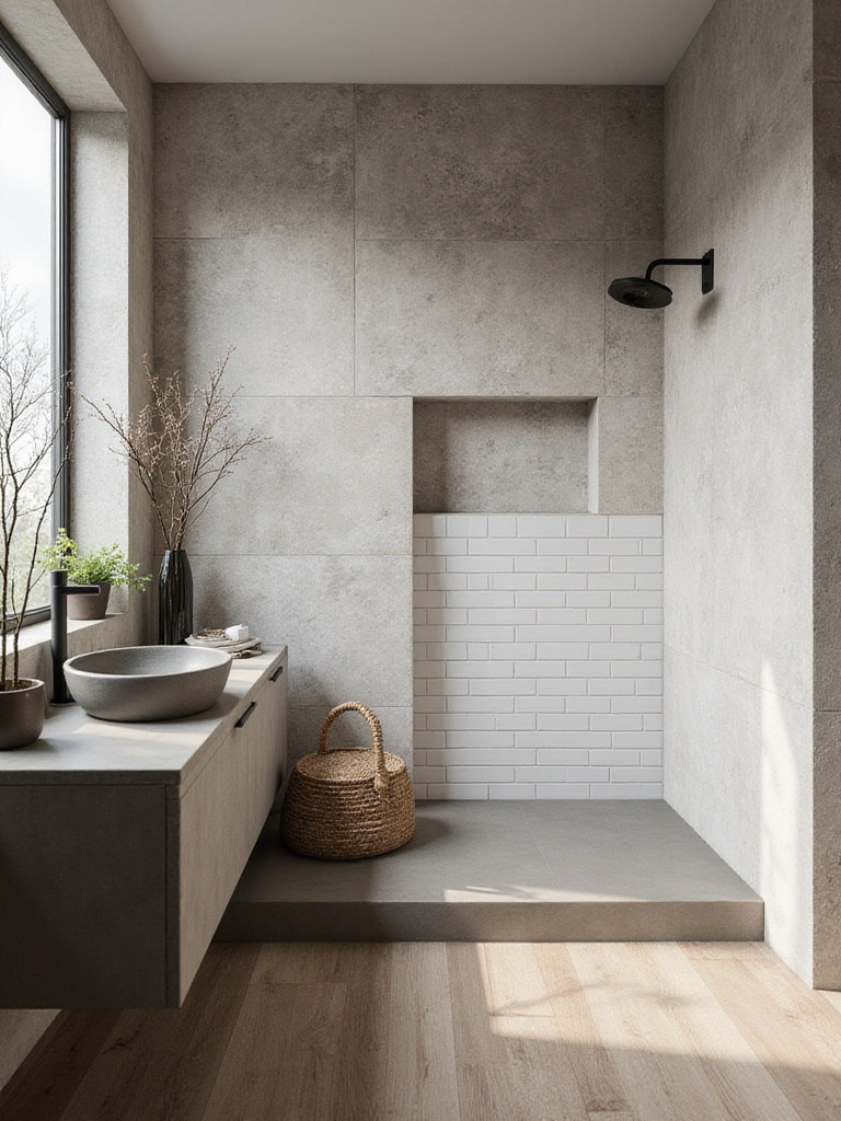Modern bathroom showcasing a variety of textures for depth, including textured wall tiles, wood-look floor tiles, smooth concrete, and glossy subway tiles, under soft natural light.