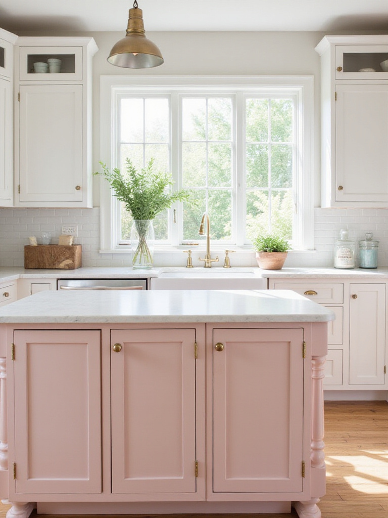 Soft pink kitchen island with white countertops and brass hardware in a modern farmhouse kitchen.